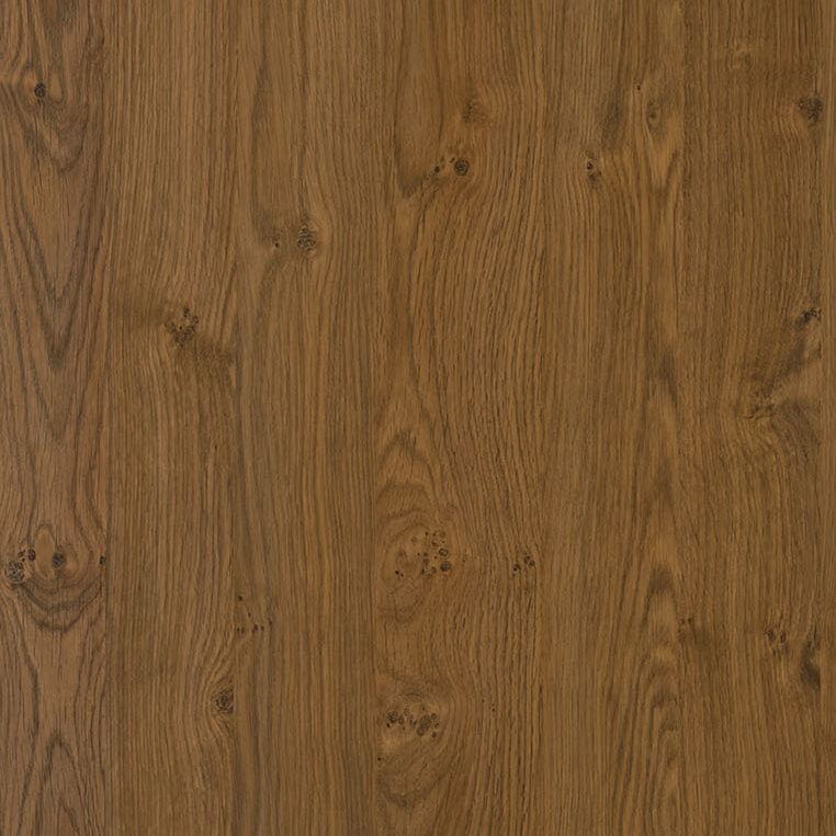 A close-up of a wooden surface with a natural oak finish, showcasing vertical grain patterns and knots. The texture appears smooth, with varying shades of brown, enhancing the wood's organic and rustic appearance.